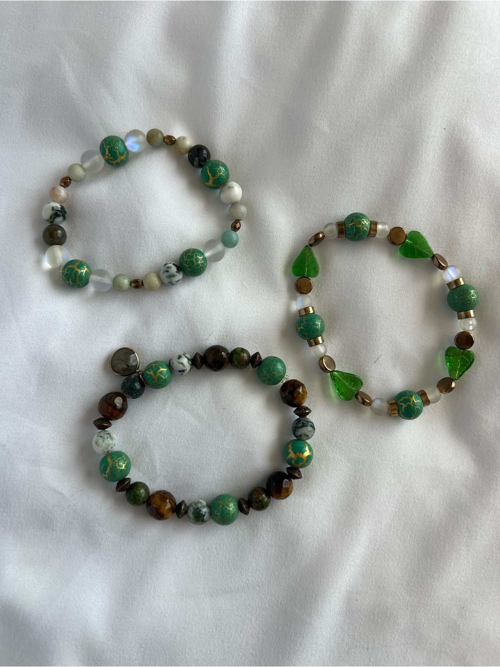 Handmade bracelet set of 3 - Tigers Eye, Green Earth Tones / Stretch Stack